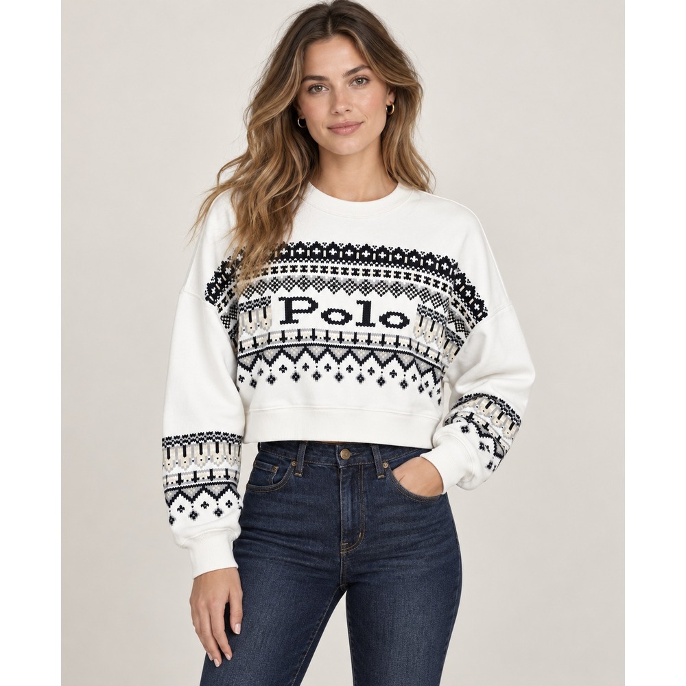 New Polo Ralph Lauren Logo Geo-motif Terry Sweatshirt Women's Large